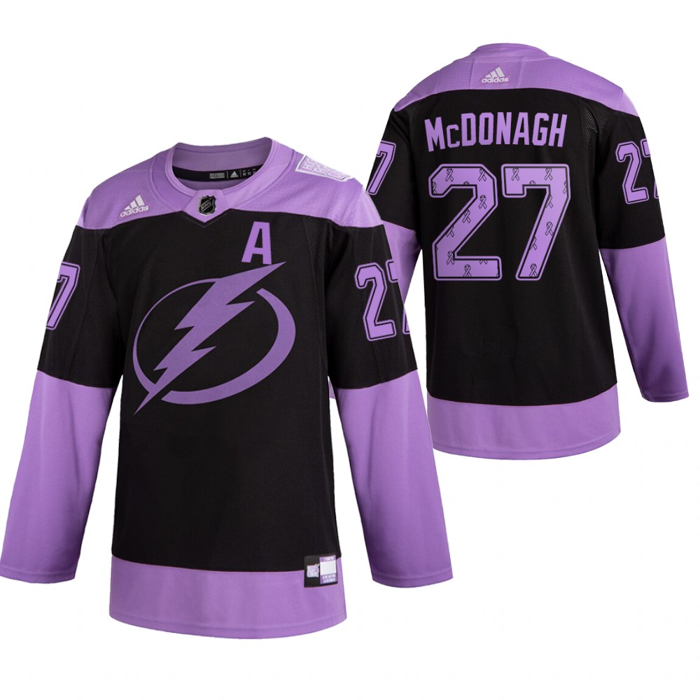 Tampa Bay Lightning 2021 Hockey Fights Cancer Ryan McDonagh Black Purple Jersey Ribbons