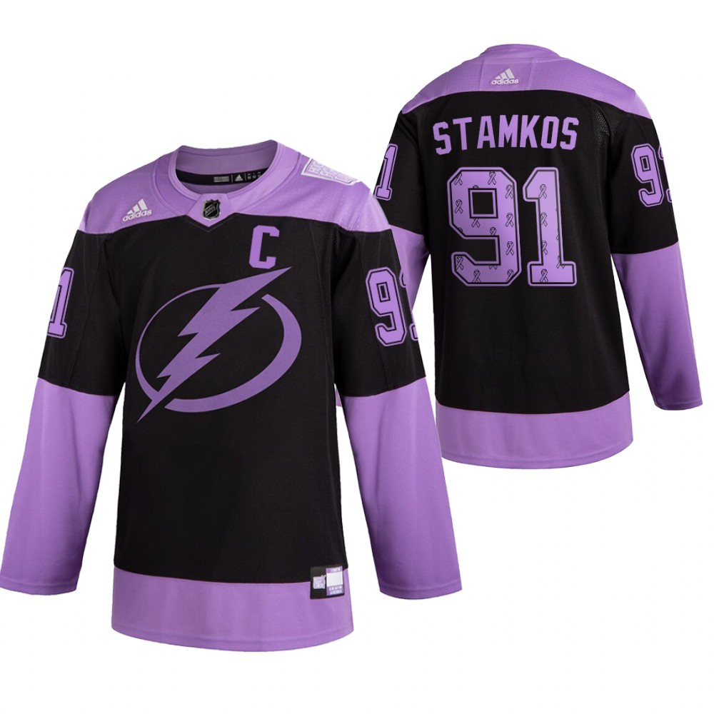 Tampa Bay Lightning 2021 Hockey Fights Cancer Steven Stamkos Black Purple Jersey Ribbons