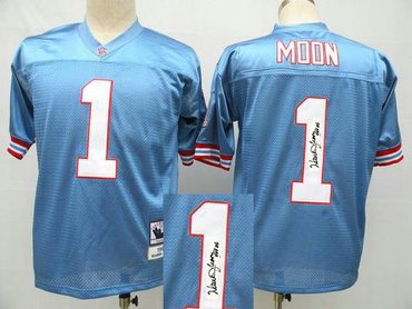 Tennessee Titans 1# Warren Moon Blue Throwback Jersey(Signed Elite)