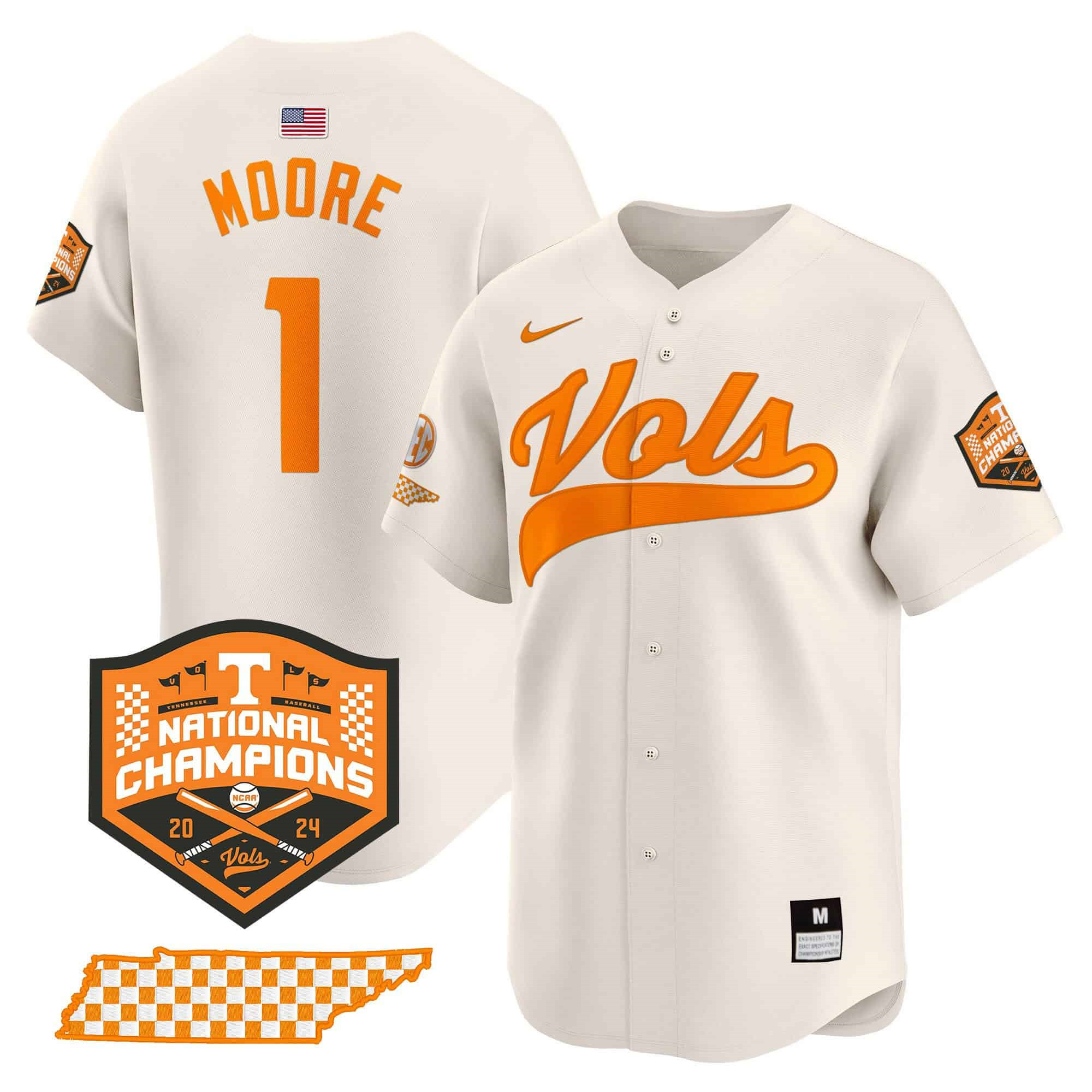 Tennessee Volunteers 2024 Champions Vapor Premier Limited baseball   Jersey – All Stitched Cream #1 Christian Moore?