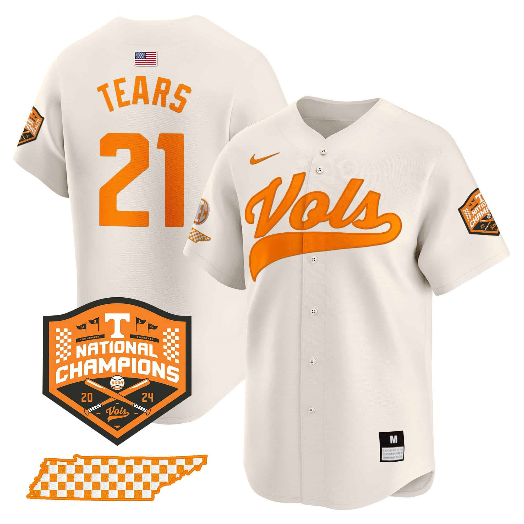 Tennessee Volunteers 2024 Champions Vapor Premier Limited baseball   Jersey – All Stitched Cream #21 Kavares Tears