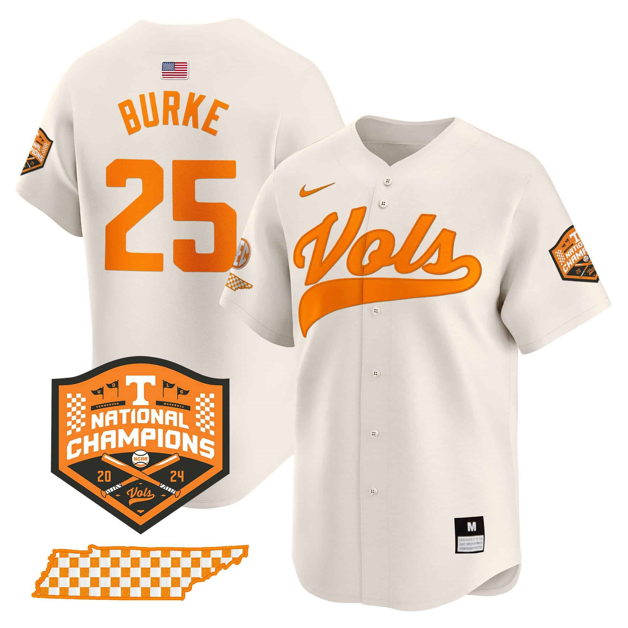 Tennessee Volunteers 2024 Champions Vapor Premier Limited baseball   Jersey – All Stitched Cream #25 Blake Burke