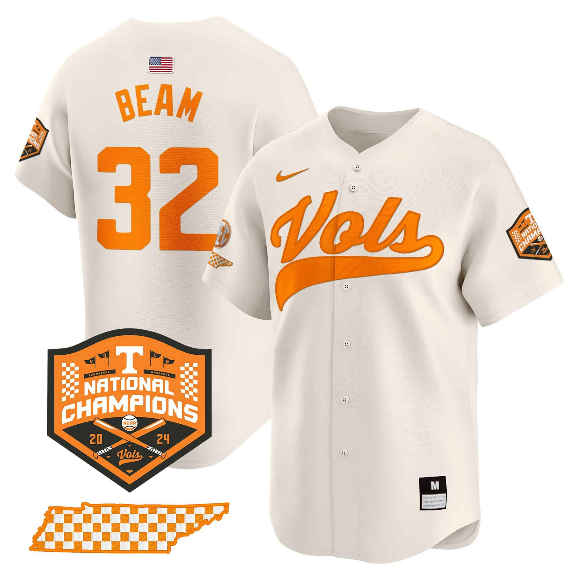 Tennessee Volunteers 2024 Champions Vapor Premier Limited baseball   Jersey – All Stitched Cream #32 Drew Beam?