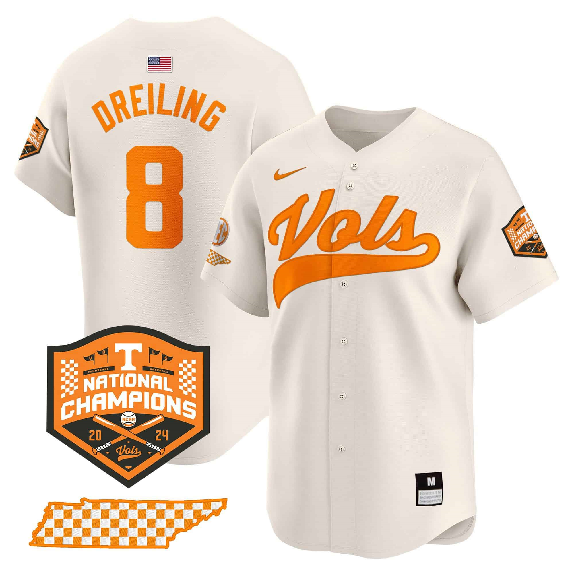 Tennessee Volunteers 2024 Champions Vapor Premier Limited baseball   Jersey – All Stitched Cream #8 Dylan Dreiling