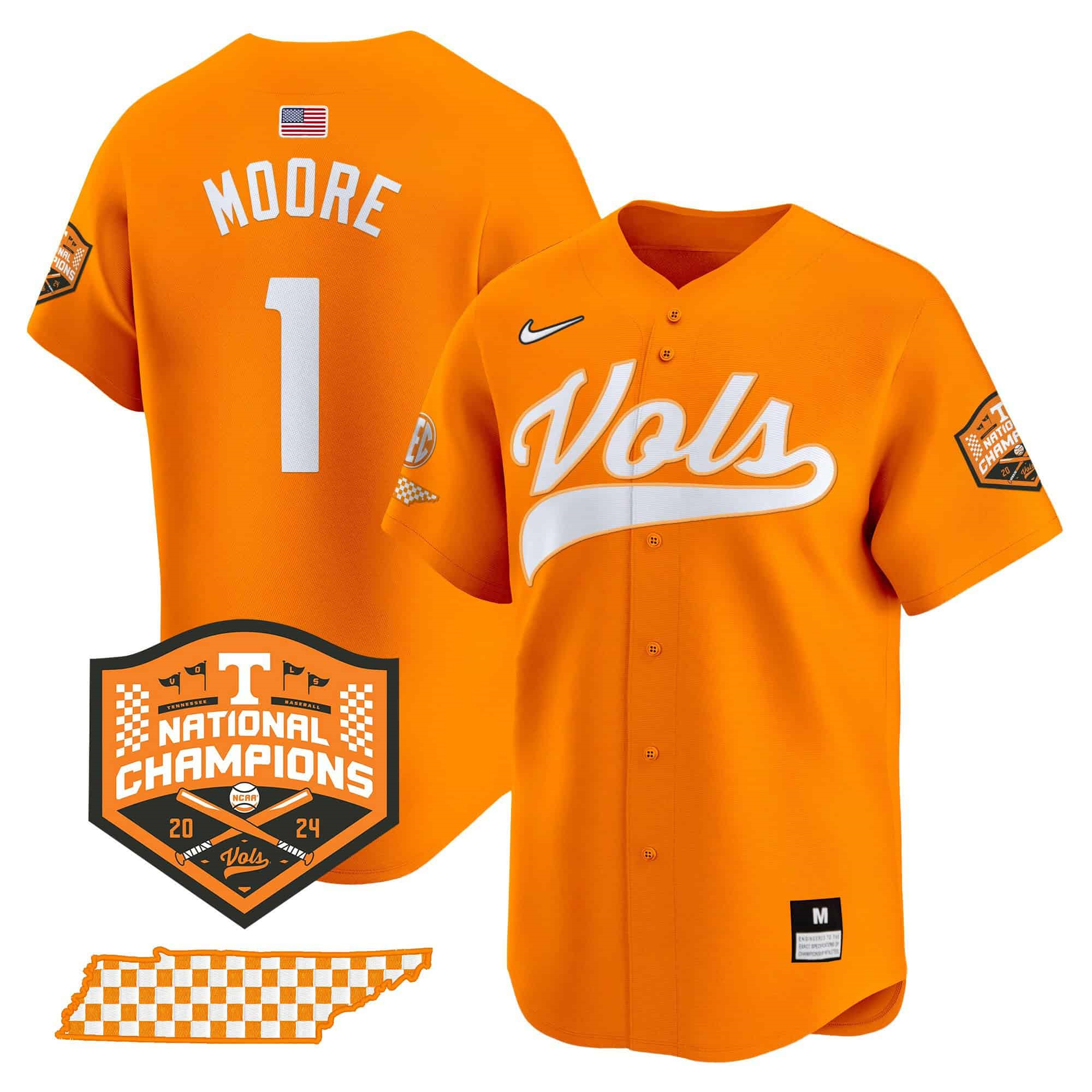 Tennessee Volunteers 2024 Champions Vapor Premier Limited baseball   Jersey – All Stitched Orange #1 Christian Moore
