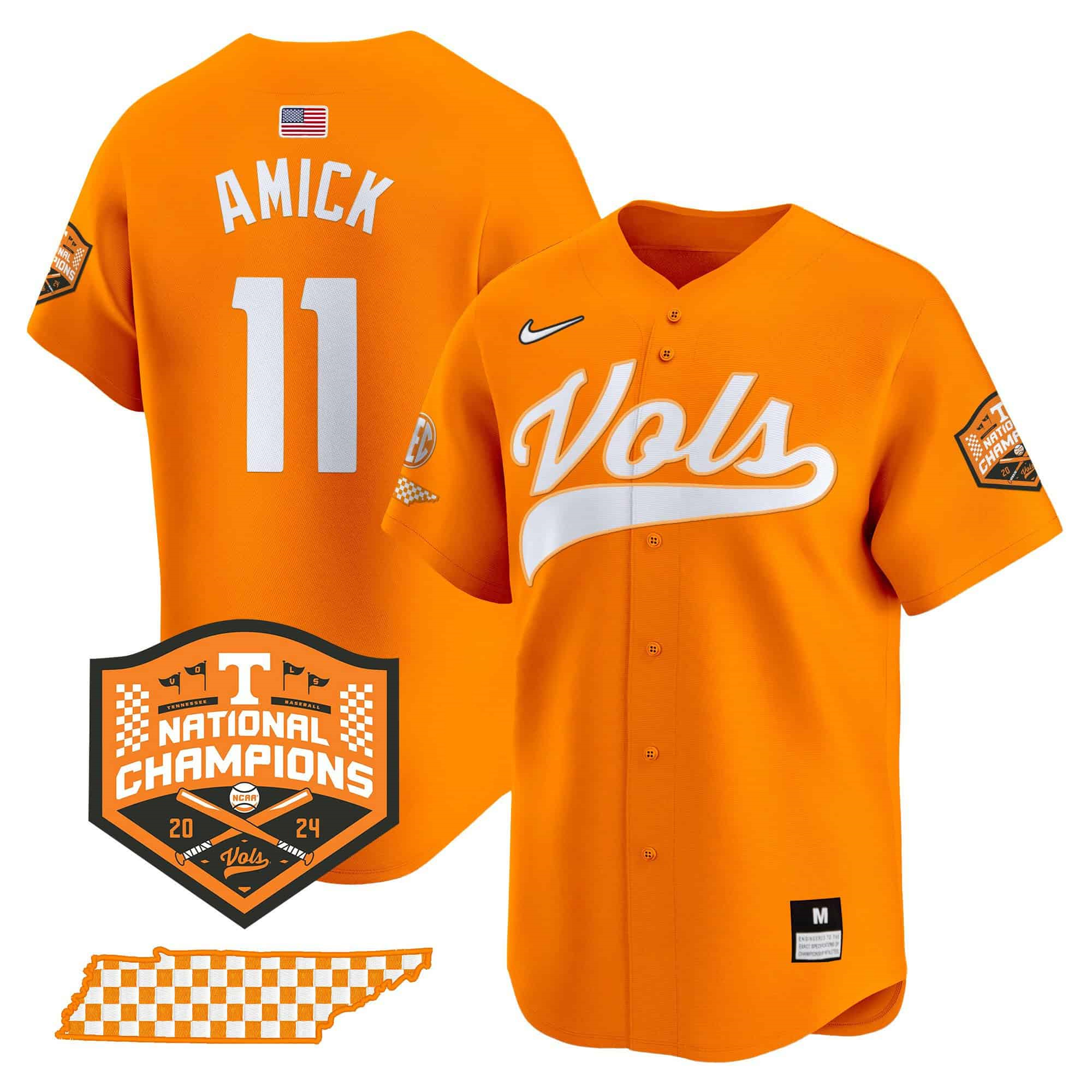 Tennessee Volunteers 2024 Champions Vapor Premier Limited baseball   Jersey – All Stitched Orange #11 Billy Amick