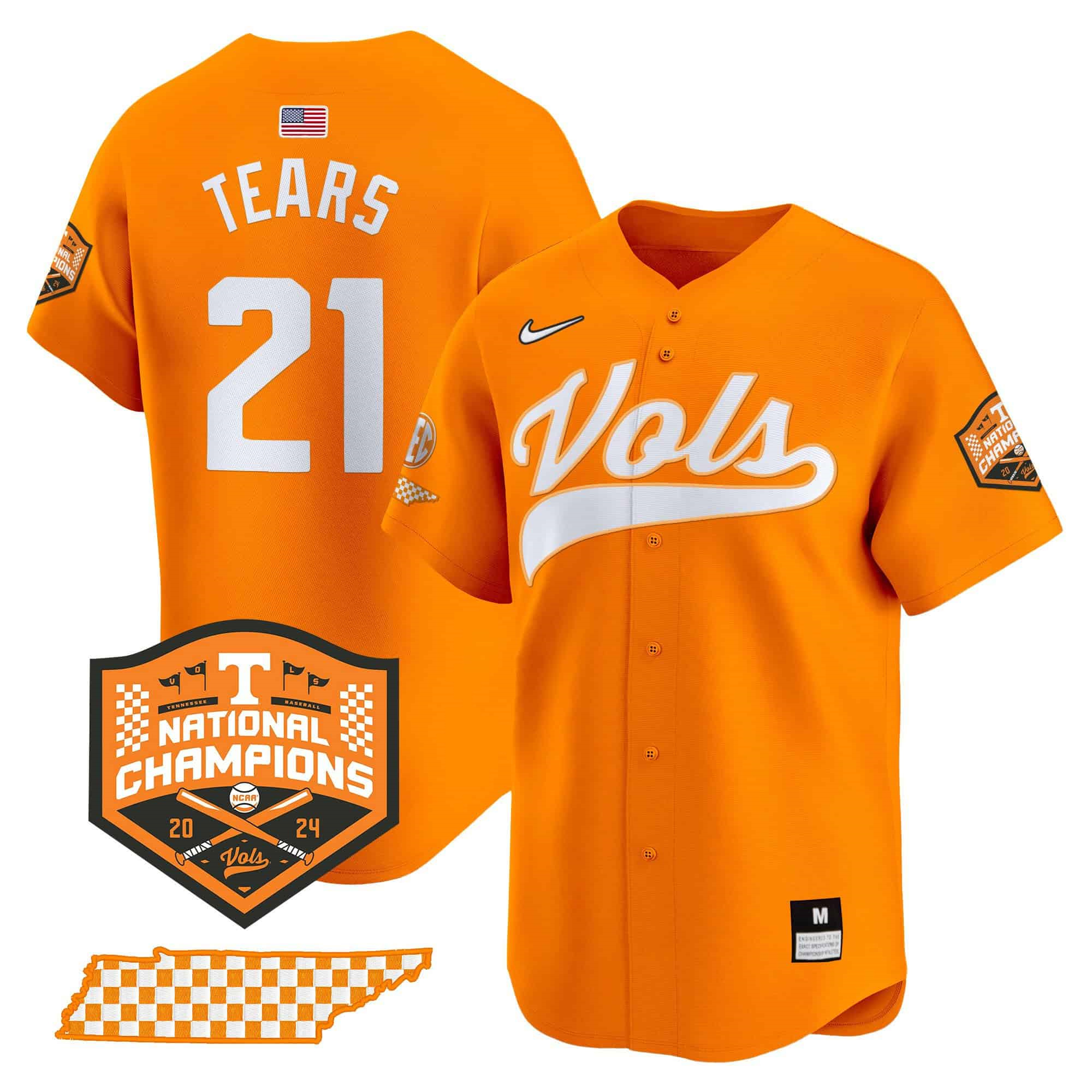 Tennessee Volunteers 2024 Champions Vapor Premier Limited baseball   Jersey – All Stitched Orange #21 Kavares Tears
