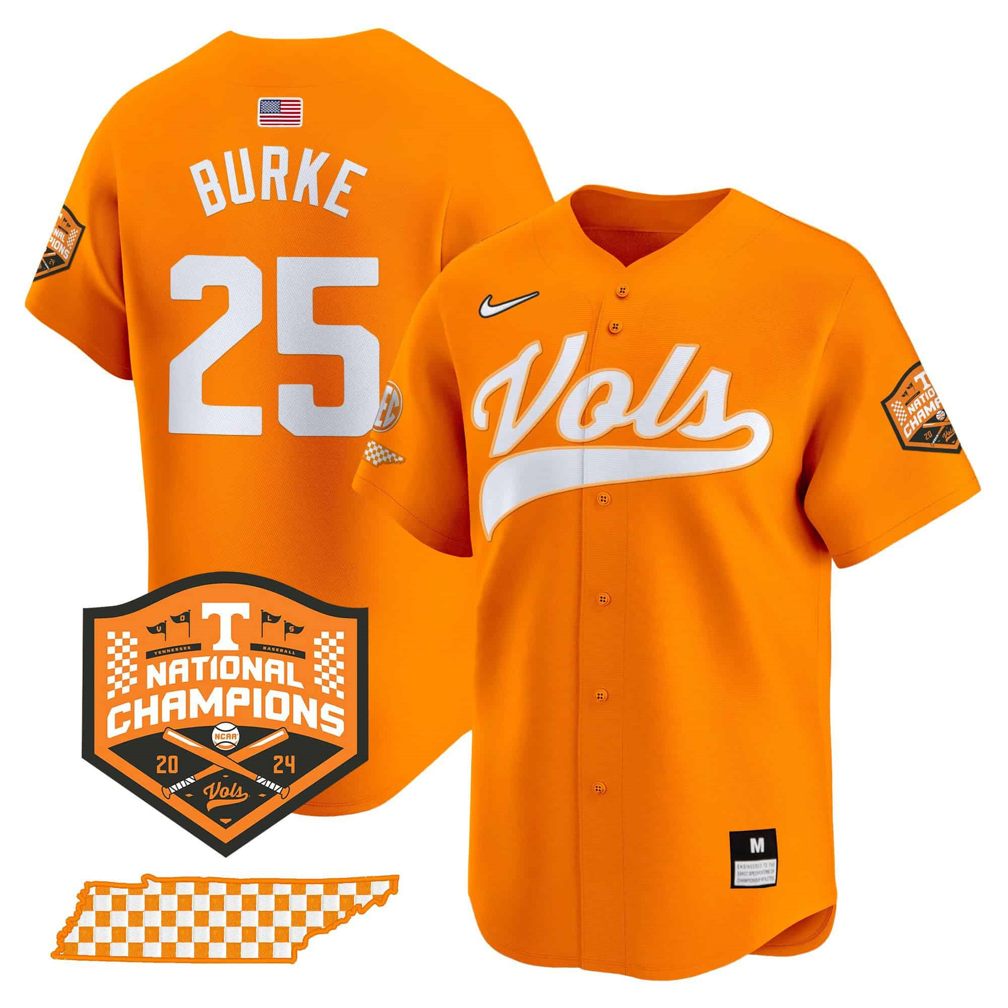 Tennessee Volunteers 2024 Champions Vapor Premier Limited baseball   Jersey – All Stitched Orange #25 Blake Burke