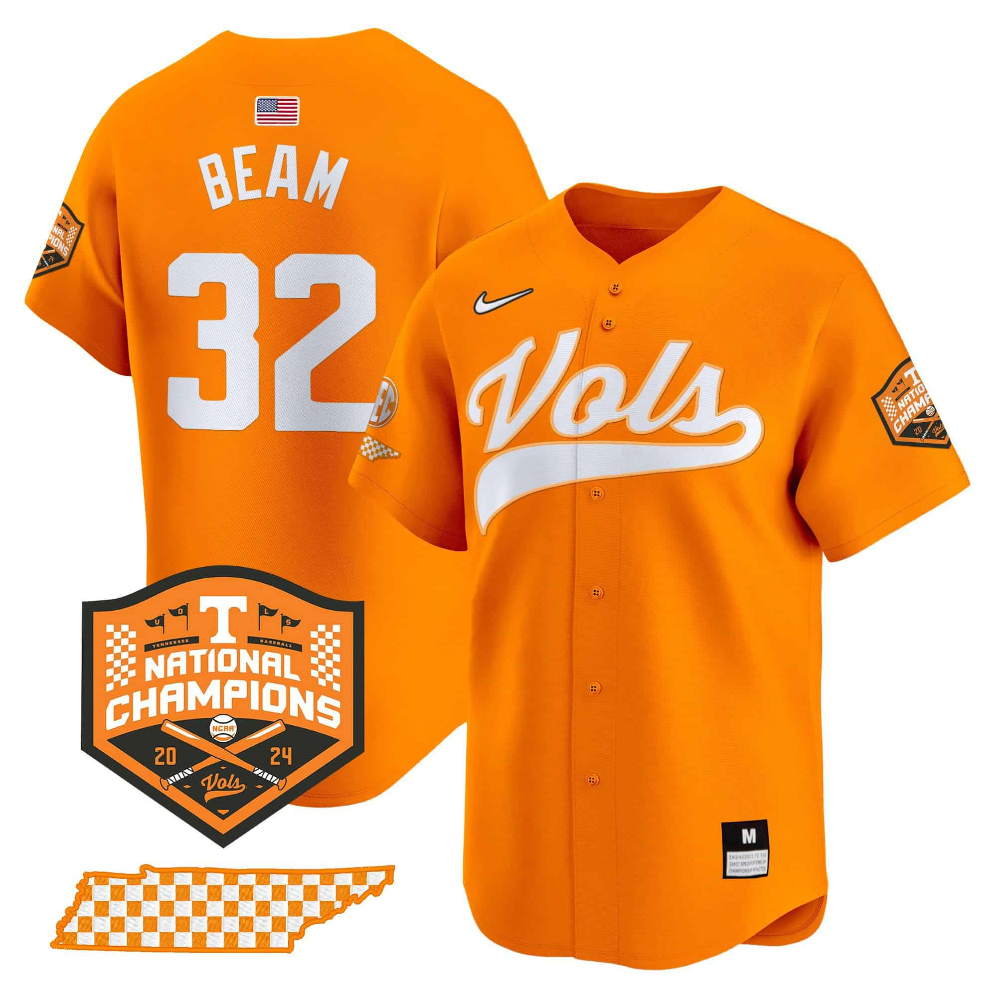 Tennessee Volunteers 2024 Champions Vapor Premier Limited baseball   Jersey – All Stitched Orange #32 Drew Beam