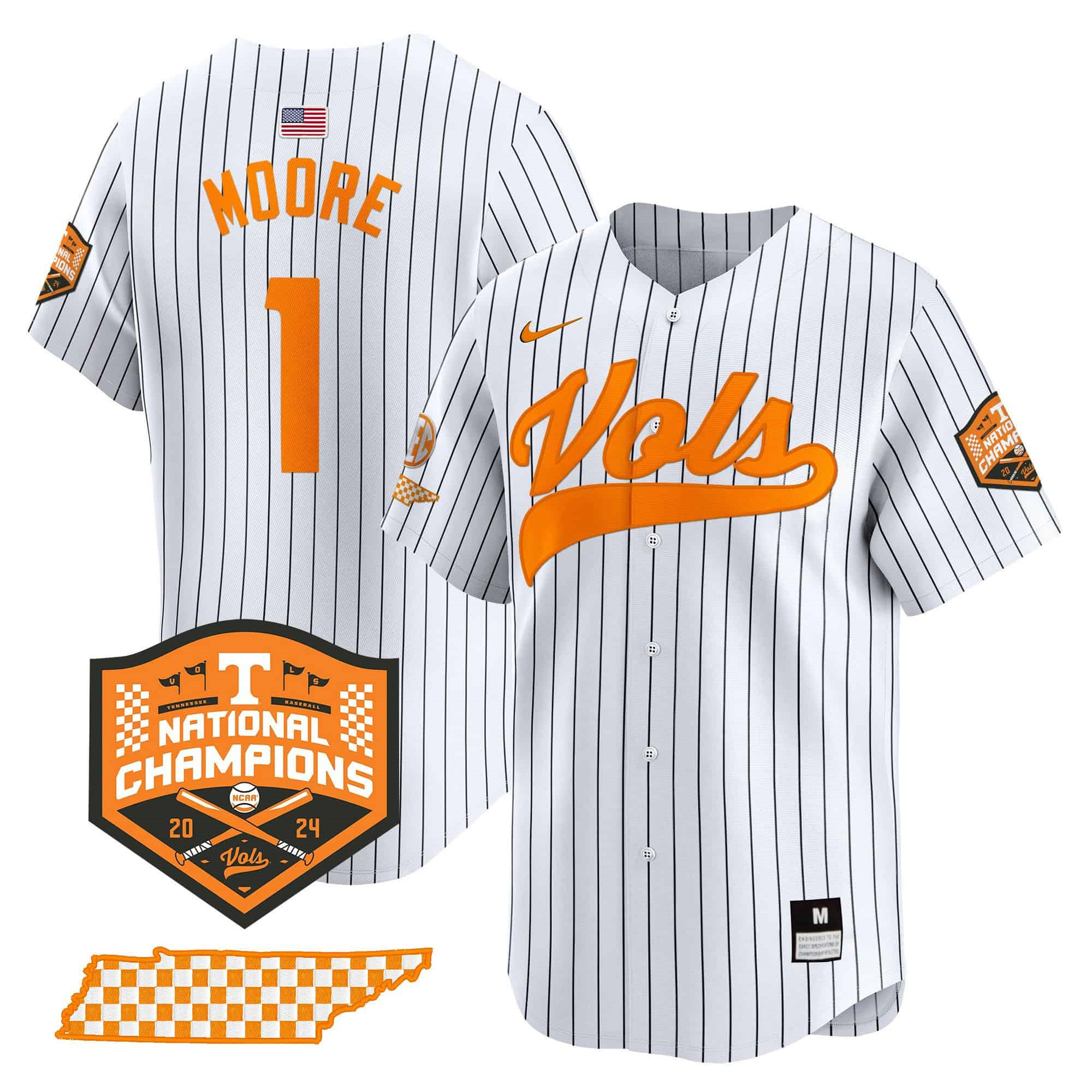 Tennessee Volunteers 2024 Champions Vapor Premier Limited baseball   Jersey – All Stitched Pinstripe #1 Christian Moore?