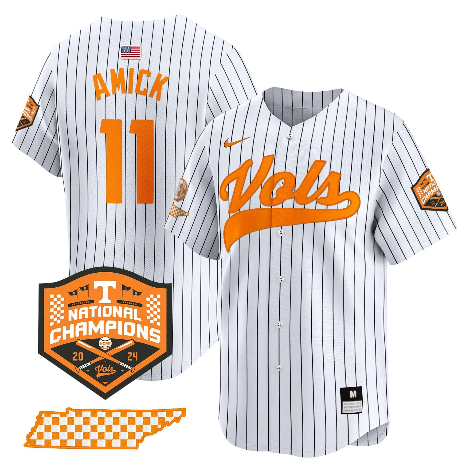 Tennessee Volunteers 2024 Champions Vapor Premier Limited baseball   Jersey – All Stitched Pinstripe #11 Billy Amick