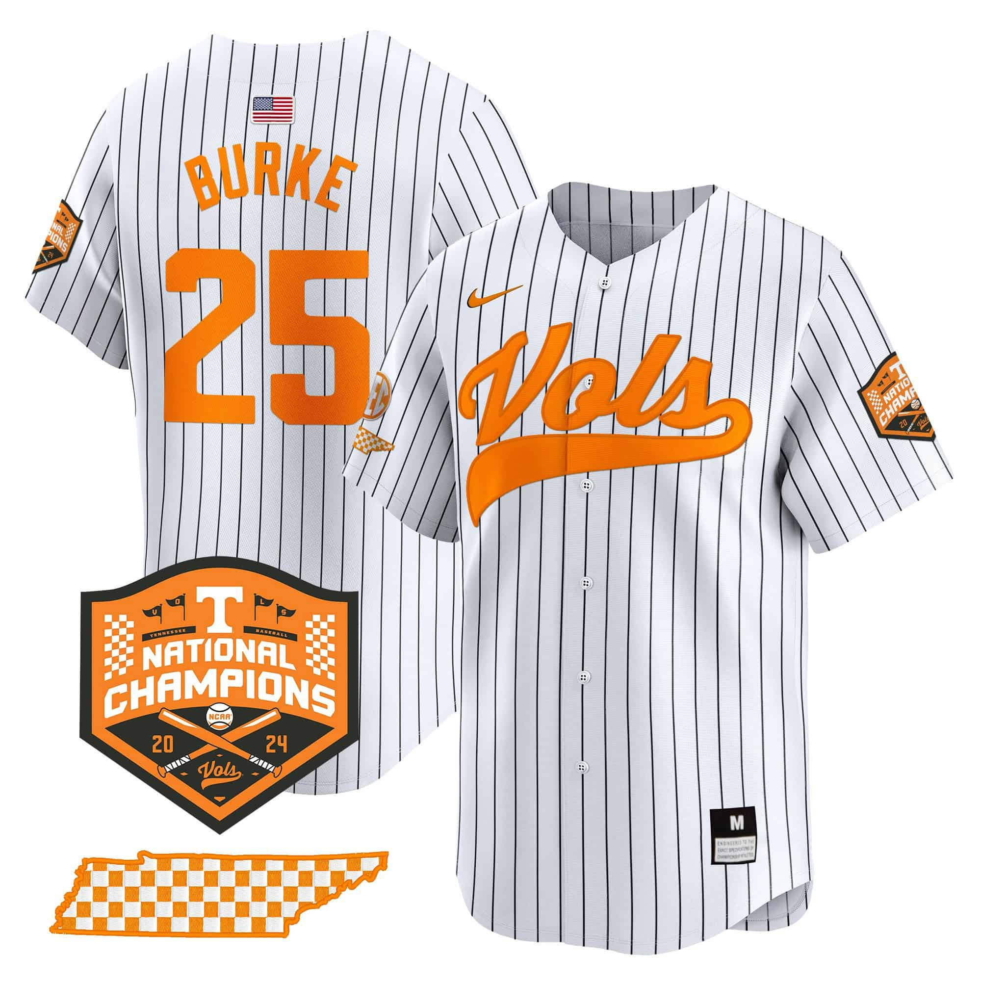 Tennessee Volunteers 2024 Champions Vapor Premier Limited baseball   Jersey – All Stitched Pinstripe #25 Blake Burke
