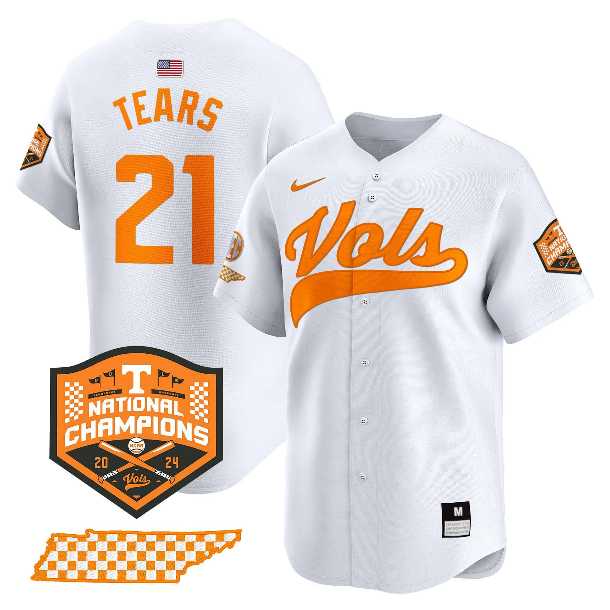 Tennessee Volunteers 2024 Champions Vapor Premier Limited baseball   Jersey – All Stitched White #21 Kavares Tears