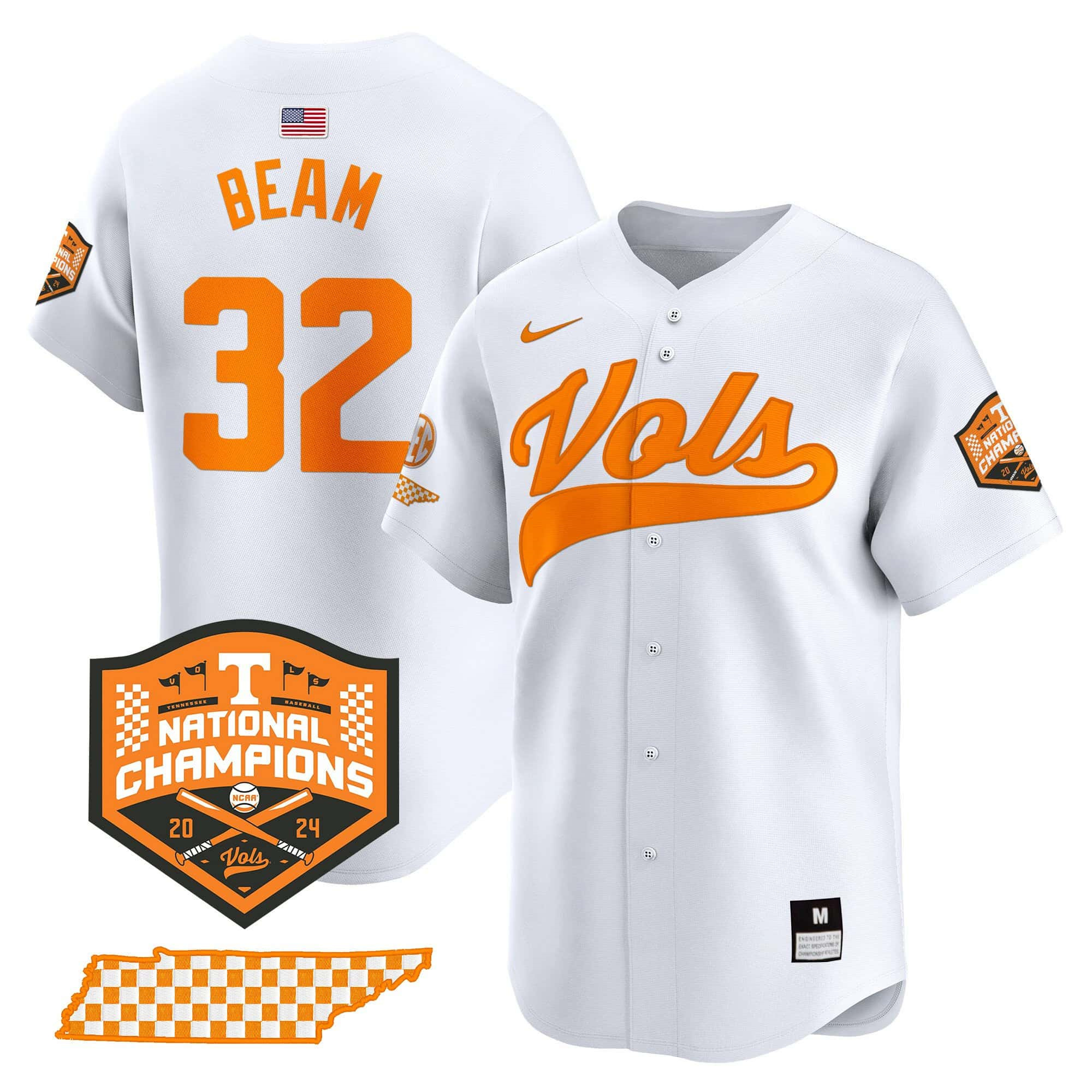 Tennessee Volunteers 2024 Champions Vapor Premier Limited baseball   Jersey – All Stitched White #32 Drew Beam