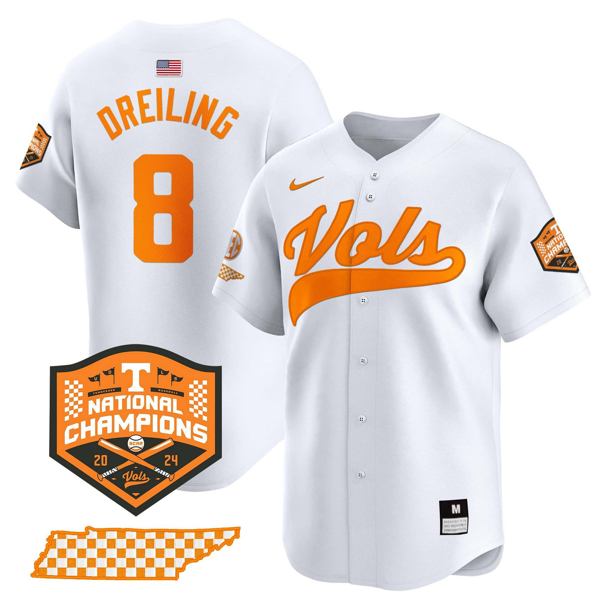 Tennessee Volunteers 2024 Champions Vapor Premier Limited baseball   Jersey – All Stitched White #8 Dylan Dreiling