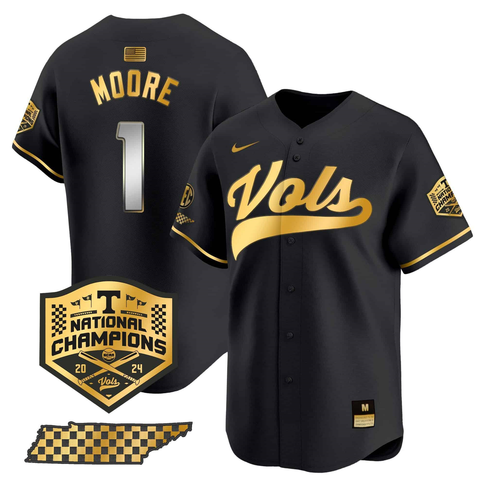 Tennessee Volunteers 2024 Champions Vapor Premier Limited baseball   Jersey – All StitchedBlack Gold #1 Christian Moore?