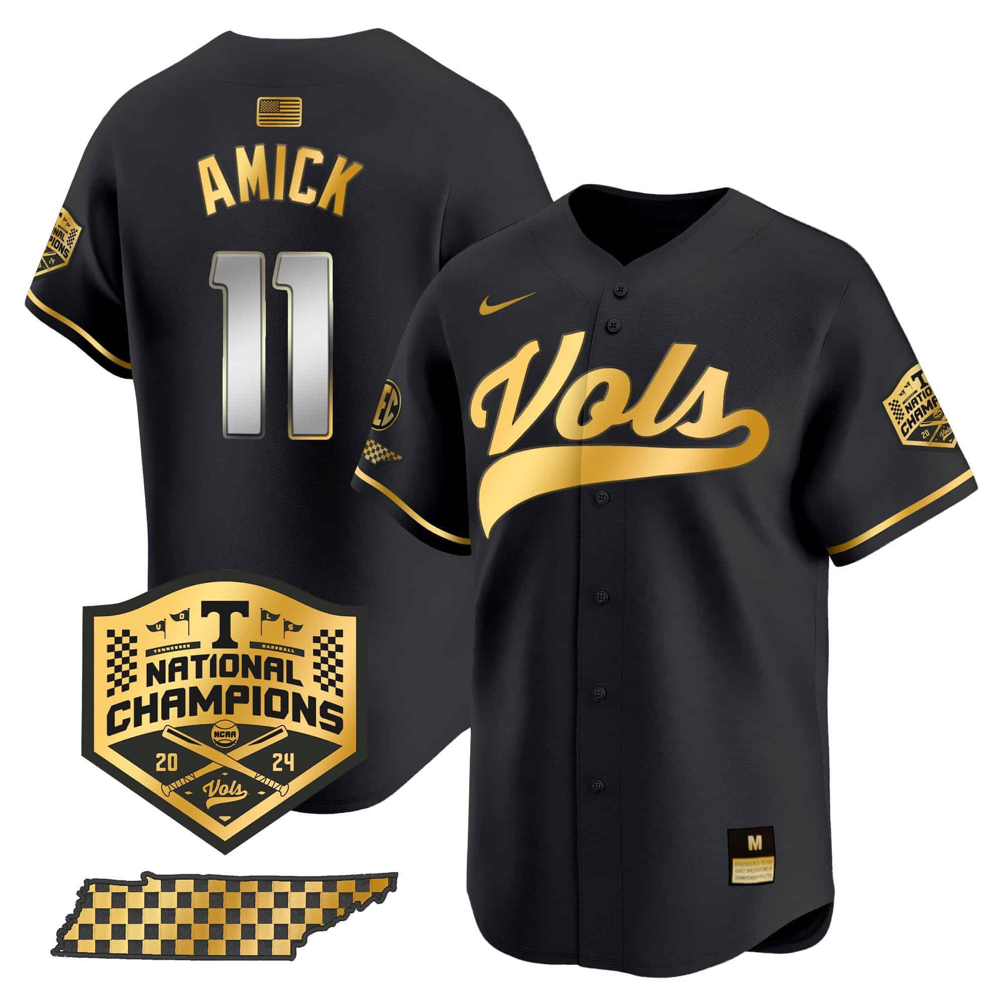 Tennessee Volunteers 2024 Champions Vapor Premier Limited baseball   Jersey – All StitchedBlack Gold #11 Billy Amick