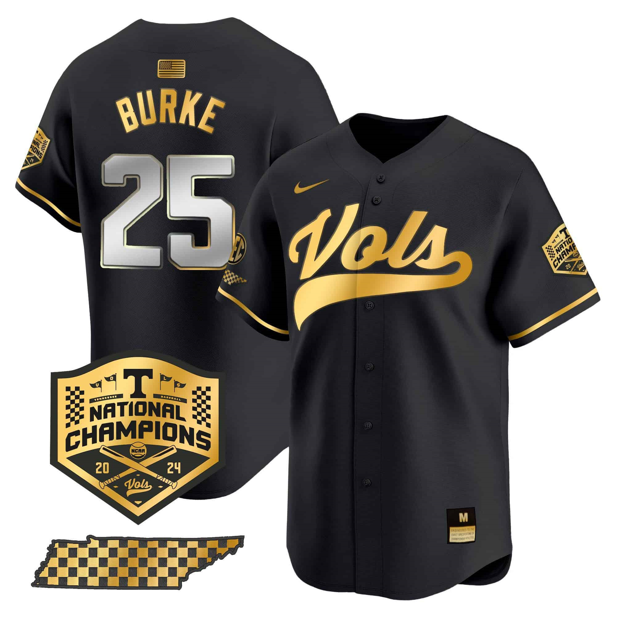 Tennessee Volunteers 2024 Champions Vapor Premier Limited baseball   Jersey – All StitchedBlack Gold #25 Blake Burke