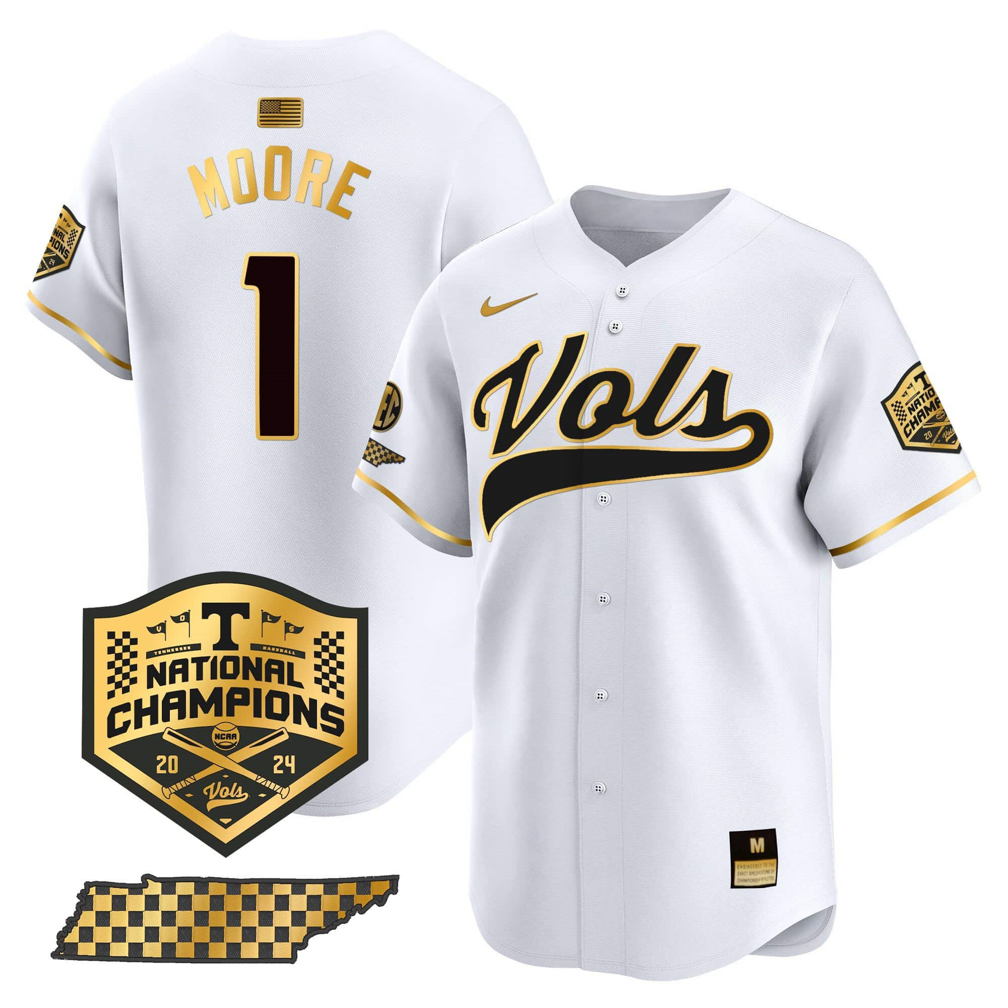 Tennessee Volunteers Jersey 2024 College World Series Vapor Premier Limited V2 NCAA Baseball Stitched White Gold #1 Christian Moore?
