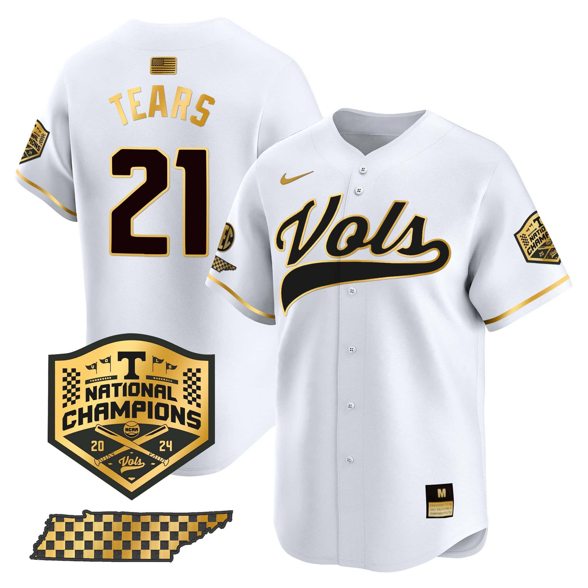 Tennessee Volunteers Jersey 2024 College World Series Vapor Premier Limited V2 NCAA Baseball Stitched White Gold #21 Kavares Tears