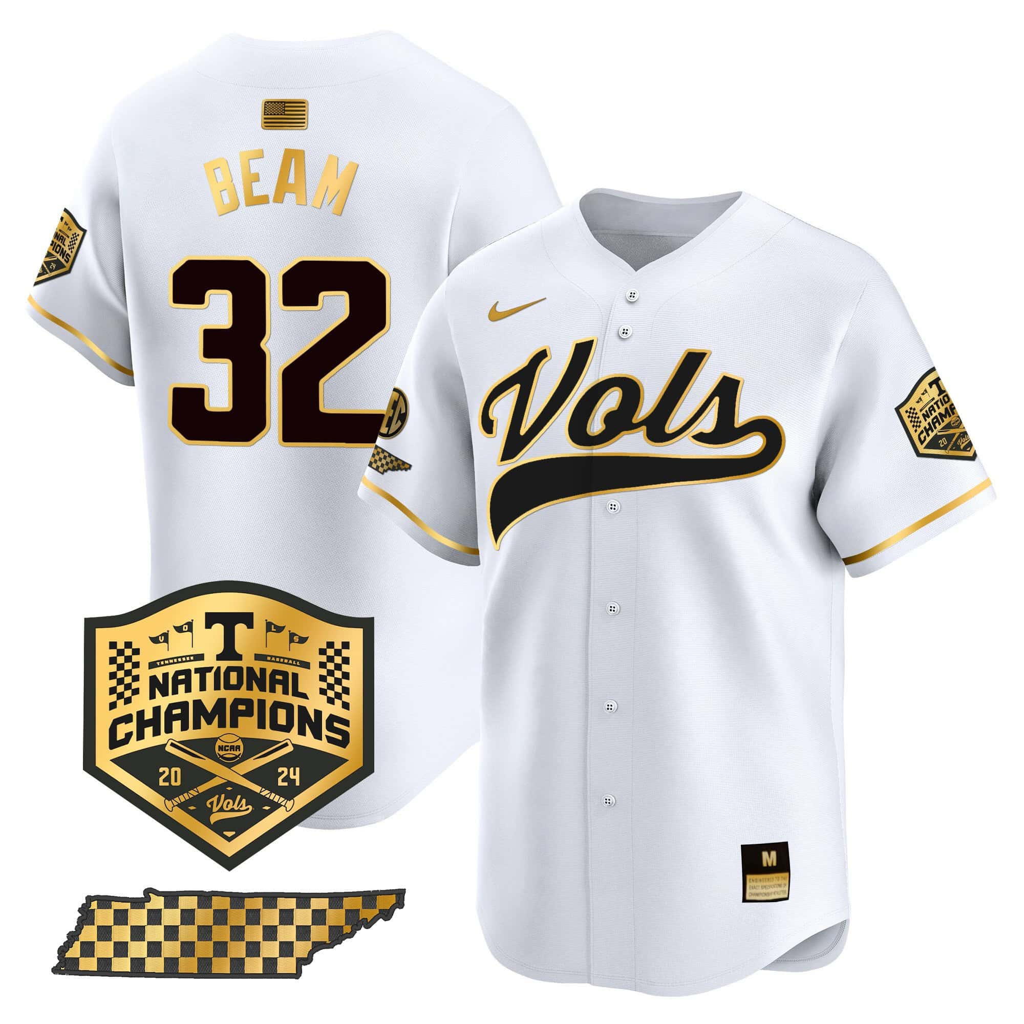 Tennessee Volunteers Jersey 2024 College World Series Vapor Premier Limited V2 NCAA Baseball Stitched White Gold #32 Drew Beam?