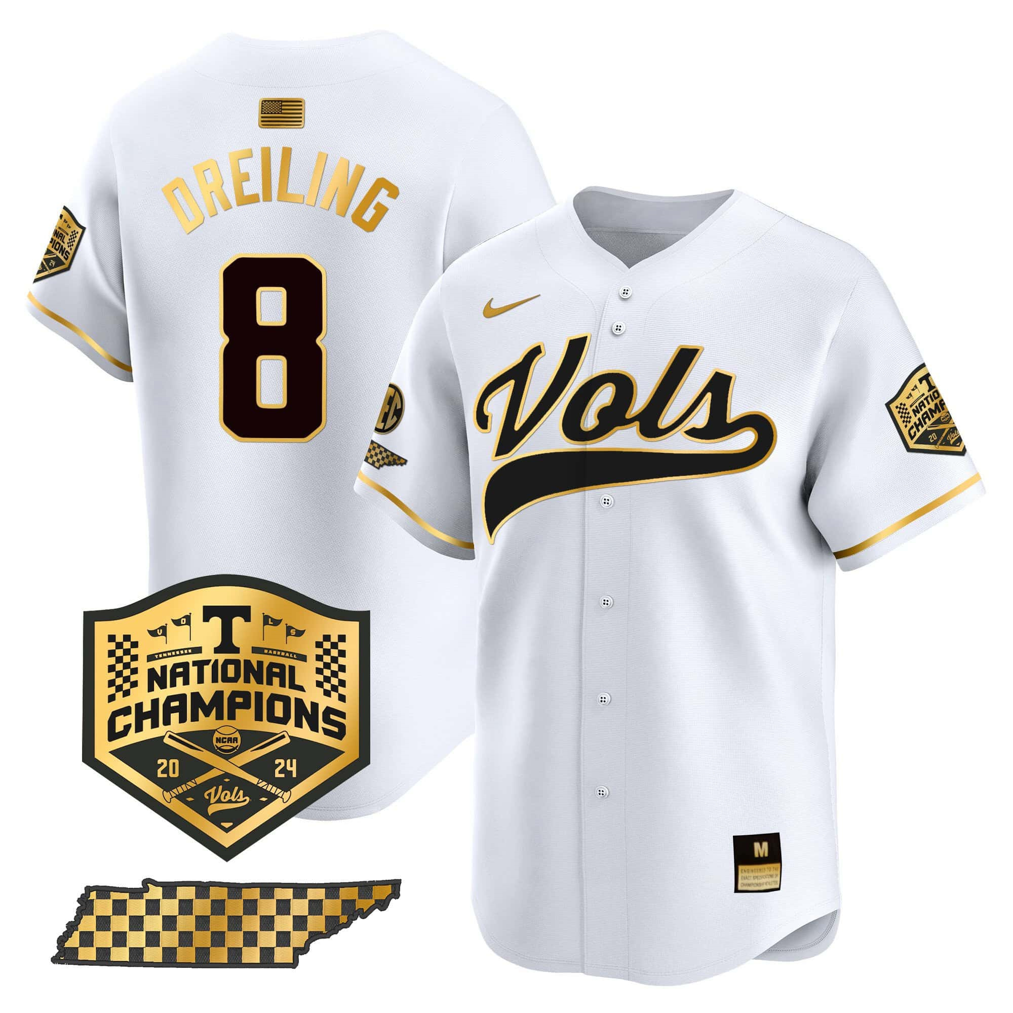 Tennessee Volunteers Jersey 2024 College World Series Vapor Premier Limited V2 NCAA Baseball Stitched White Gold #8 Dylan Dreiling