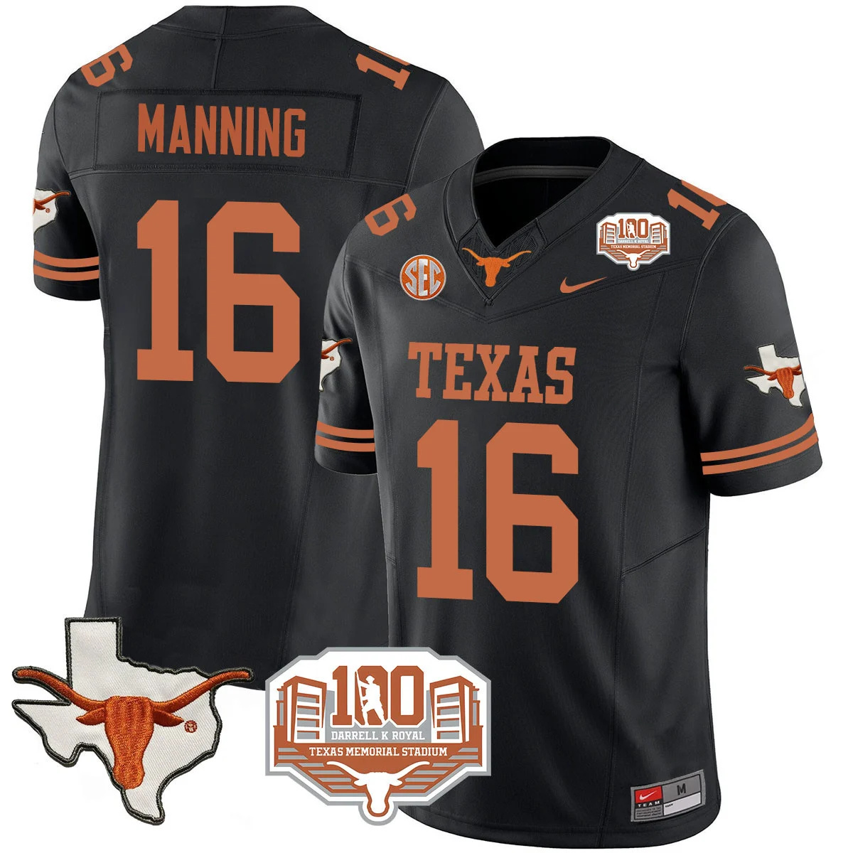 Texas Longhorns 2024 Vapor Football Jersey - 100 years of Darrell K Royal - All Stitched  BLACK #16 ARCH MANNING