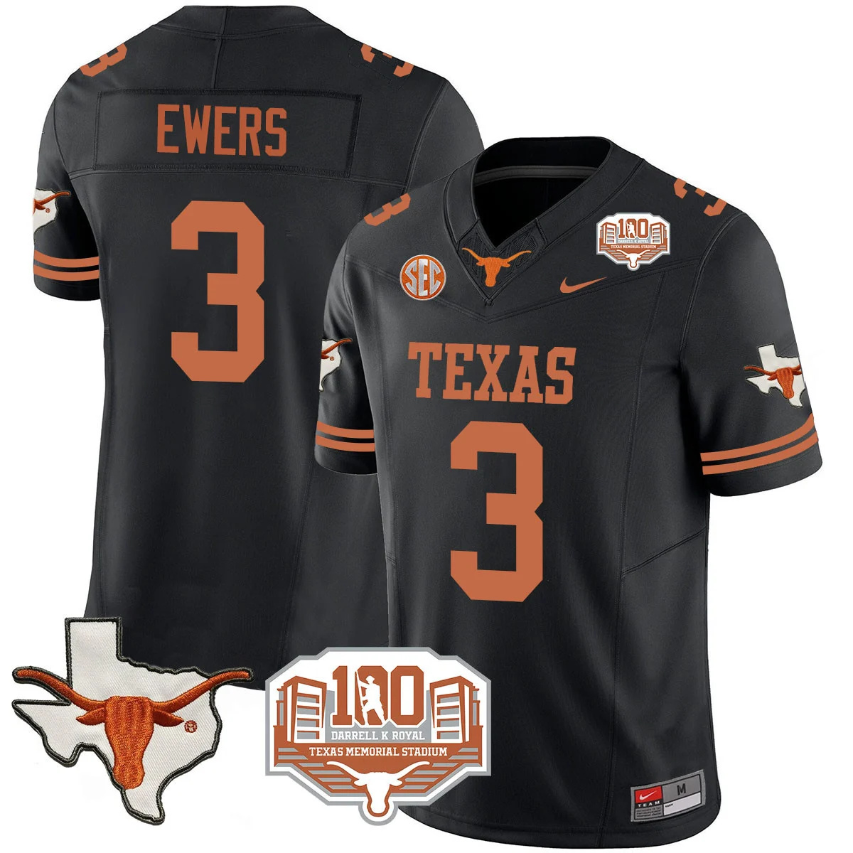 Texas Longhorns 2024 Vapor Football Jersey - 100 years of Darrell K Royal - All Stitched  BLACK #3 QUINN EWERS