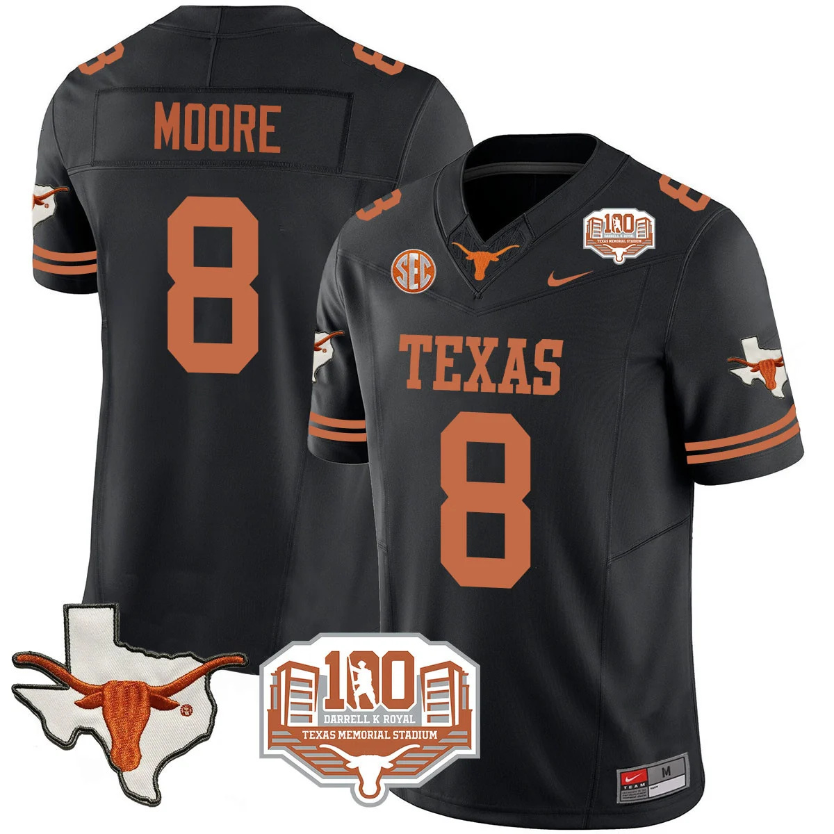 Texas Longhorns 2024 Vapor Football Jersey - 100 years of Darrell K Royal - All Stitched  BLACK #8 TREY MOORE