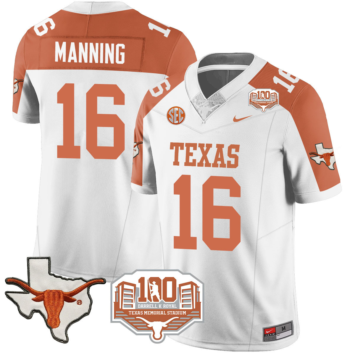 Texas Longhorns 2024 Vapor Football Jersey - 100 years of Darrell K Royal - All Stitched  INVERTED #16 ARCH MANNING