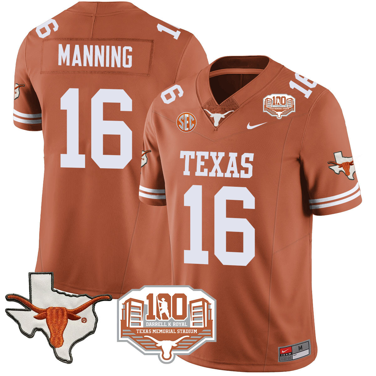 Texas Longhorns 2024 Vapor Football Jersey - 100 years of Darrell K Royal - All Stitched  TEXAS ORANGE #16 ARCH MANNING
