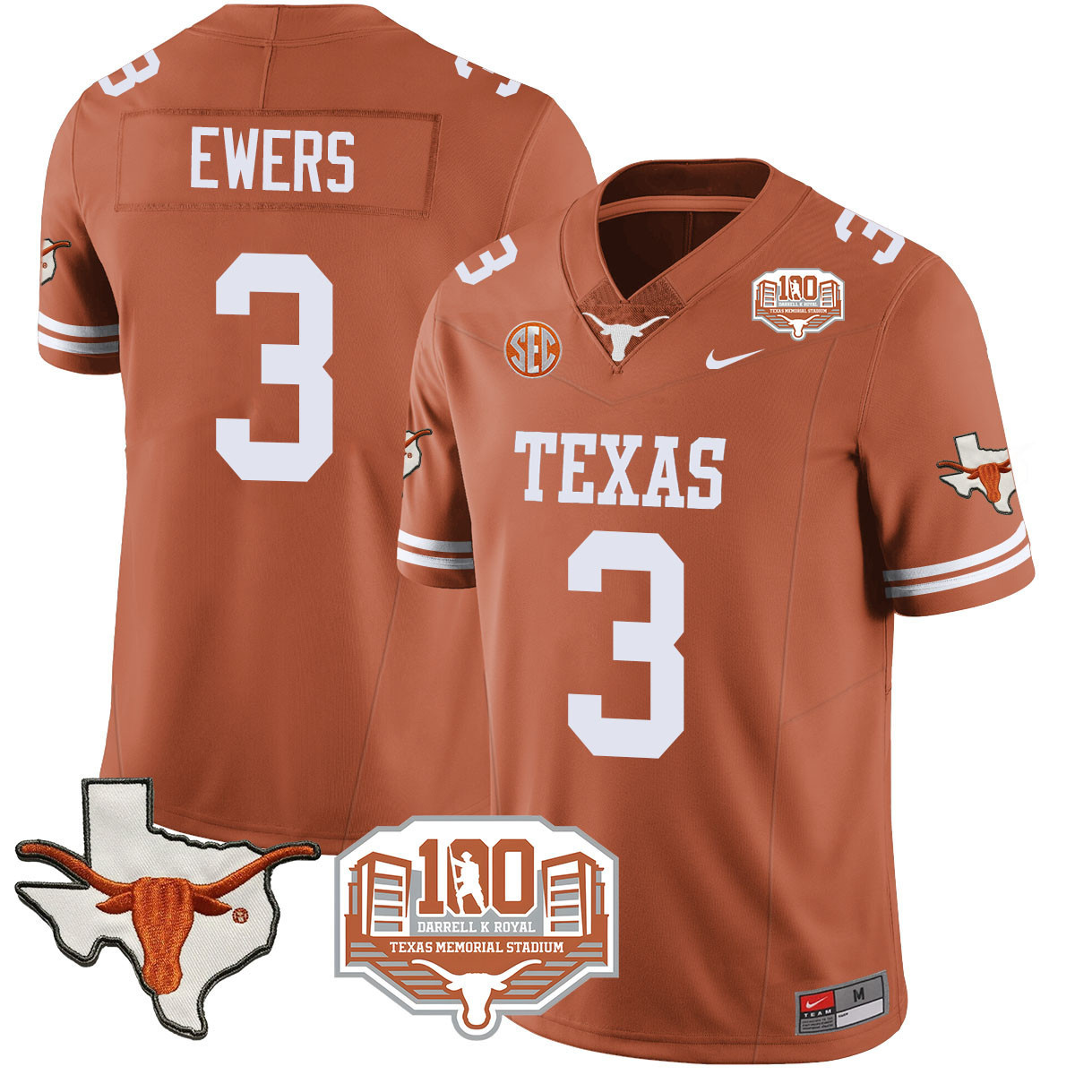 Texas Longhorns 2024 Vapor Football Jersey - 100 years of Darrell K Royal - All Stitched  TEXAS ORANGE #3 QUINN EWERS
