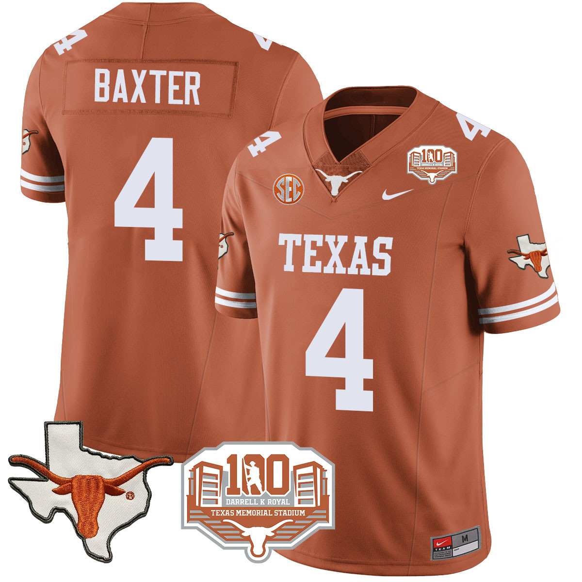 Texas Longhorns 2024 Vapor Football Jersey - 100 years of Darrell K Royal - All Stitched  TEXAS ORANGE #4 CJ BAXTER
