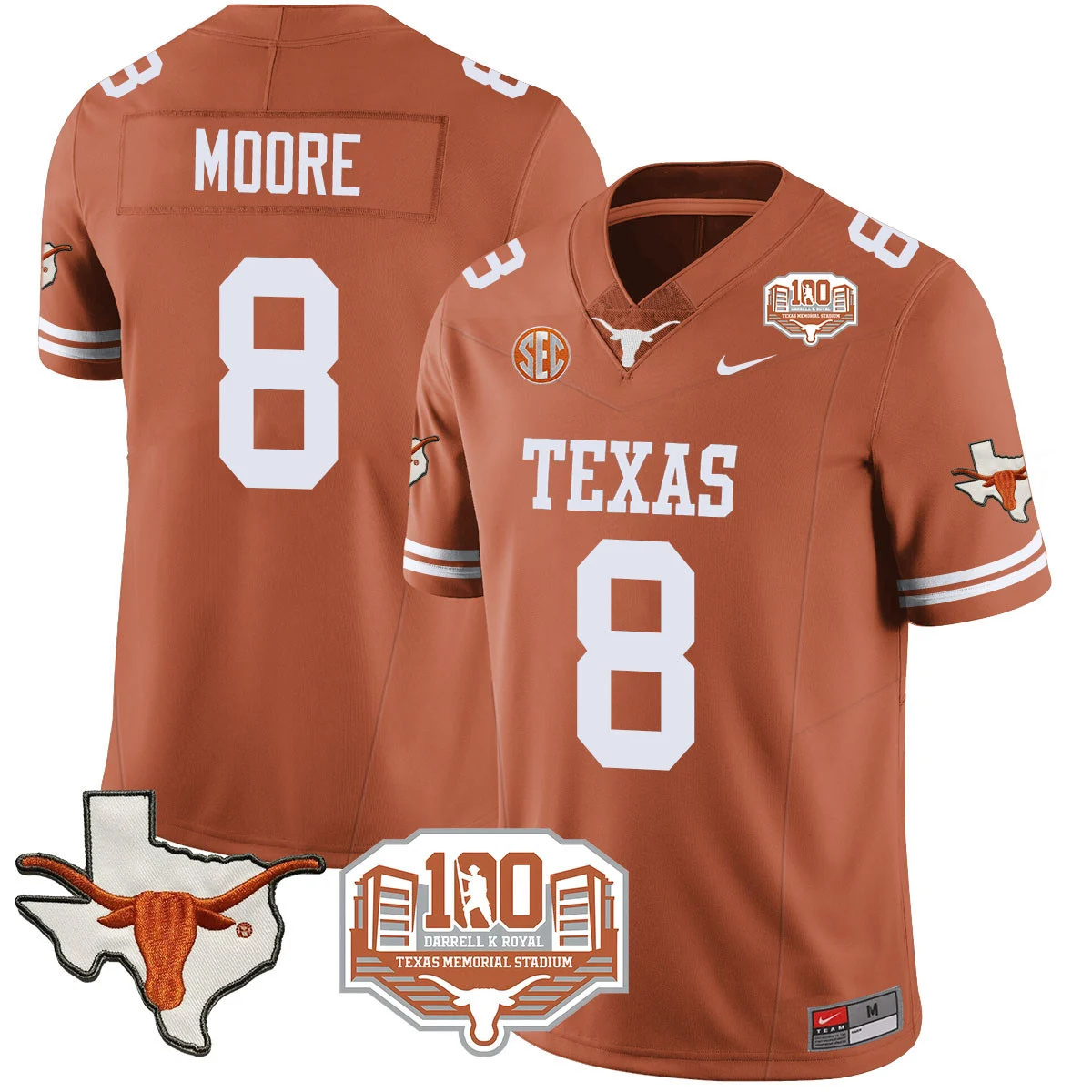 Texas Longhorns 2024 Vapor Football Jersey - 100 years of Darrell K Royal - All Stitched  TEXAS ORANGE #8 TREY MOORE
