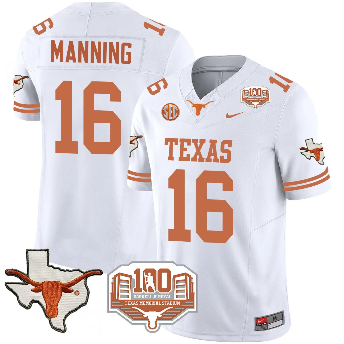 Texas Longhorns 2024 Vapor Football Jersey - 100 years of Darrell K Royal - All Stitched  WHITE #16 ARCH MANNING