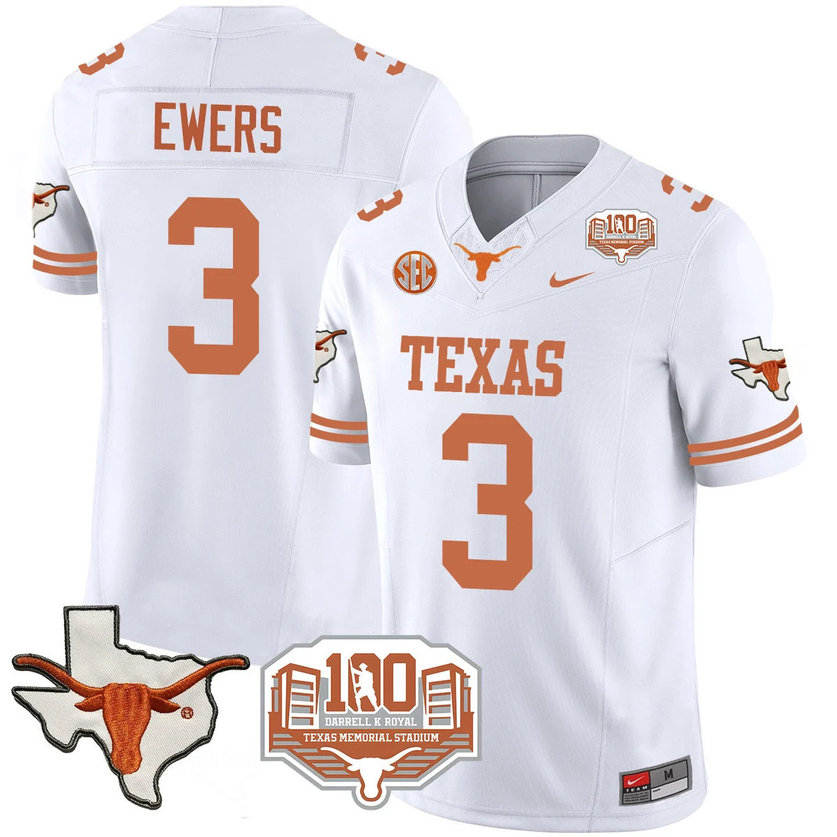 Texas Longhorns 2024 Vapor Football Jersey - 100 years of Darrell K Royal - All Stitched  WHITE #3 QUINN EWERS