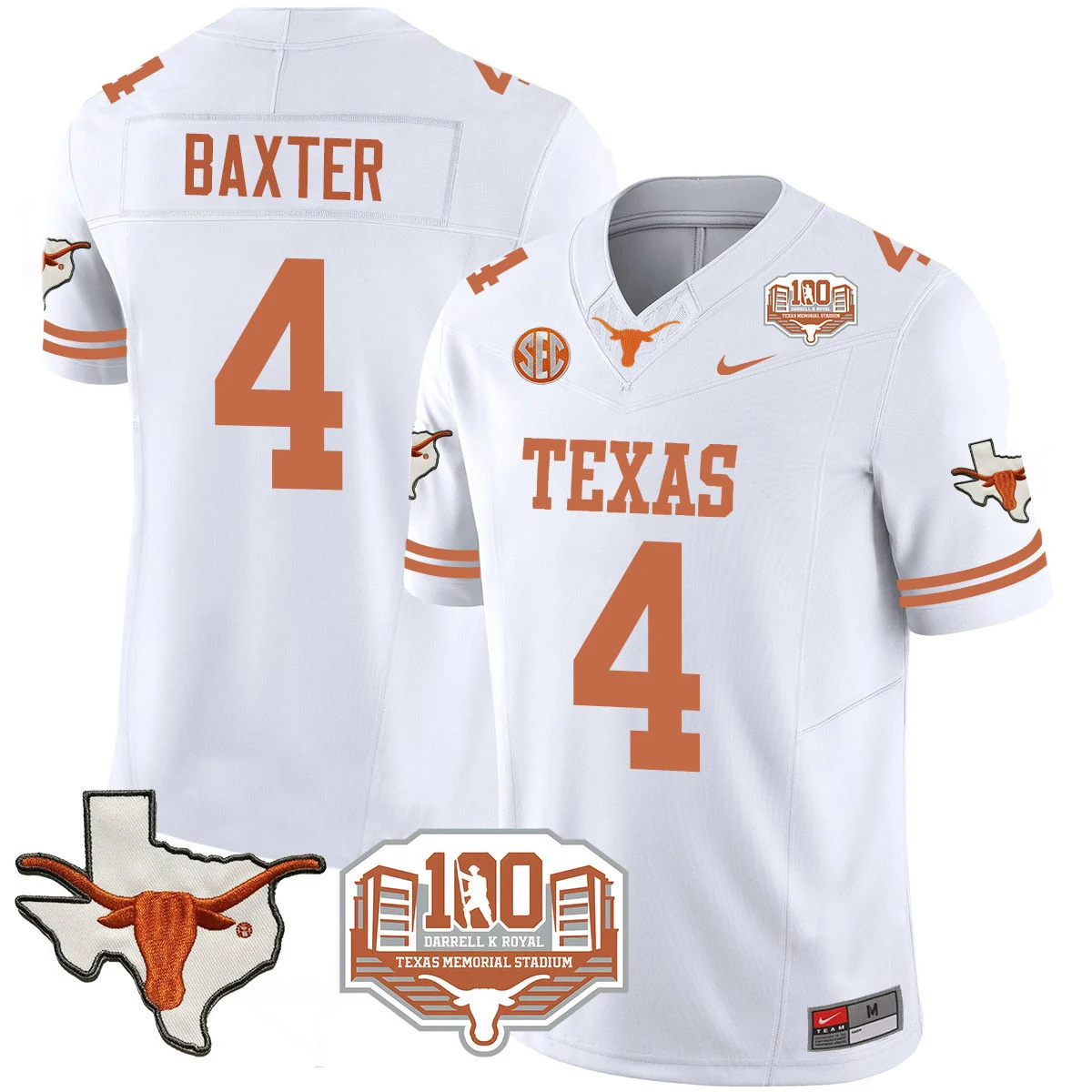 Texas Longhorns 2024 Vapor Football Jersey - 100 years of Darrell K Royal - All Stitched  WHITE #4 CJ BAXTER