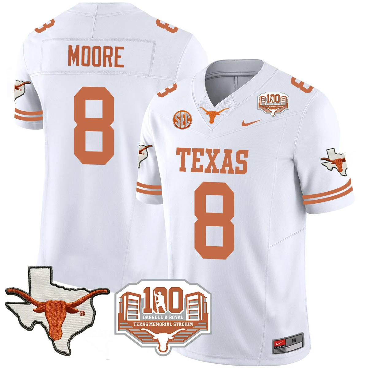 Texas Longhorns 2024 Vapor Football Jersey - 100 years of Darrell K Royal - All Stitched  WHITE #8 TREY MOORE