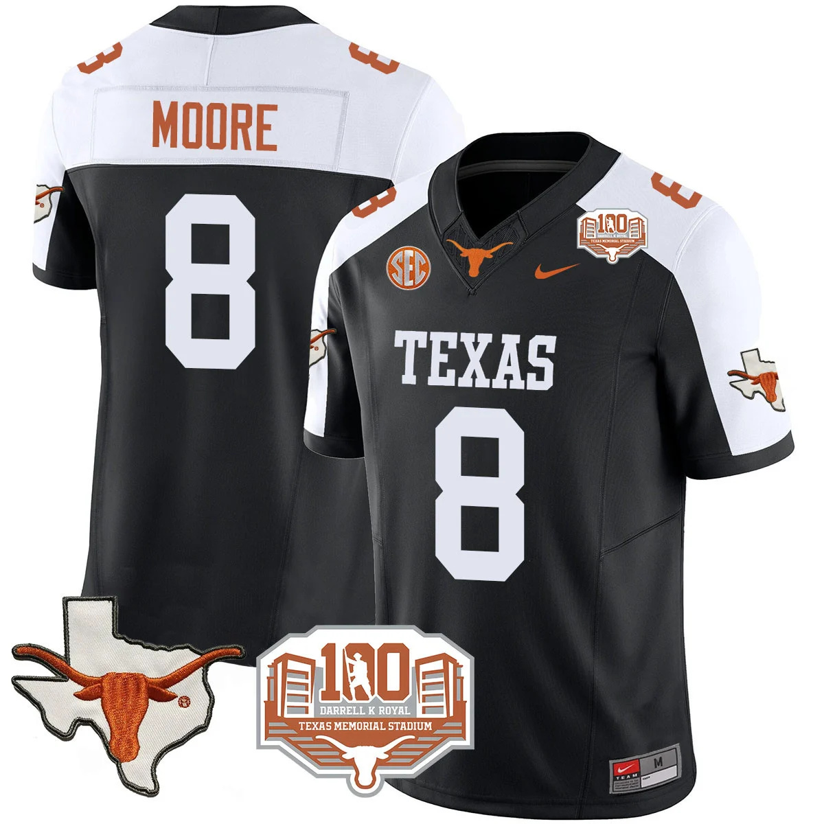 Texas Longhorns 2024 Vapor Football Jersey - 100 years of Darrell K Royal - All Stitched BLACK ALTERNATE  #8 TREY MOORE