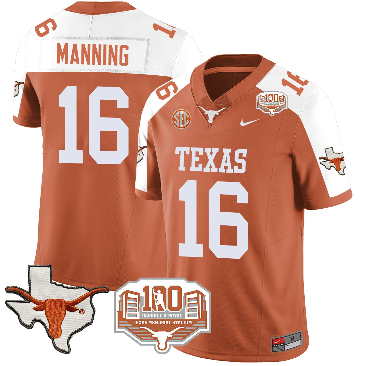 Texas Longhorns 2024 Vapor Football Jersey - 100 years of Darrell K Royal - All Stitched ORANGE ALTERNATE #16 ARCH MANNING