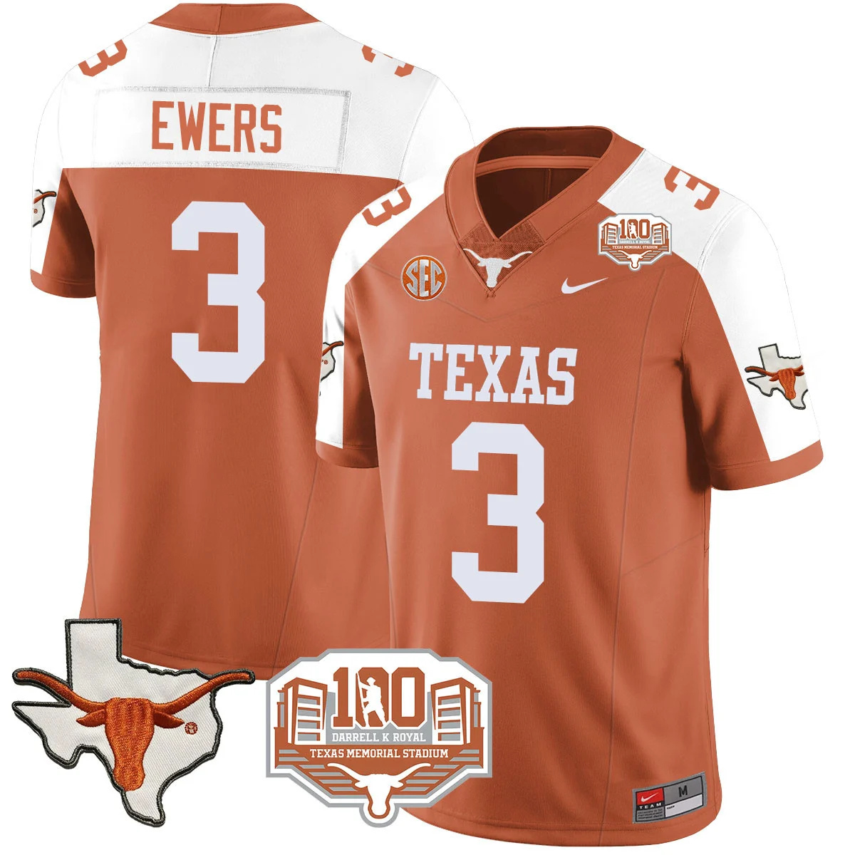 Texas Longhorns 2024 Vapor Football Jersey - 100 years of Darrell K Royal - All Stitched ORANGE ALTERNATE #3 QUINN EWERS