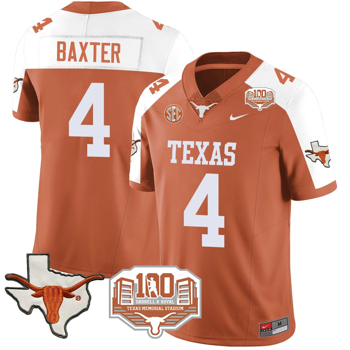 Texas Longhorns 2024 Vapor Football Jersey - 100 years of Darrell K Royal - All Stitched ORANGE ALTERNATE #4 CJ BAXTER