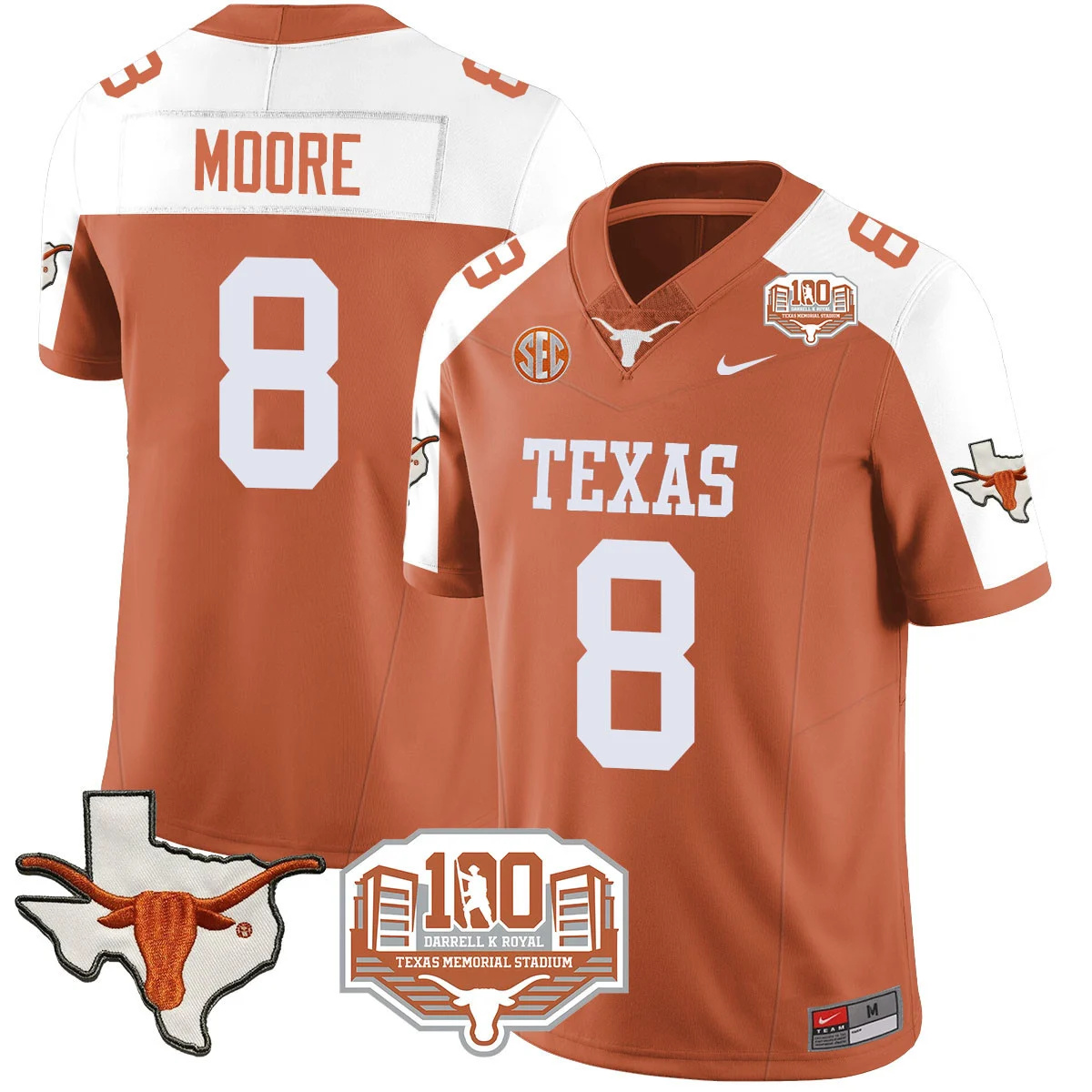 Texas Longhorns 2024 Vapor Football Jersey - 100 years of Darrell K Royal - All Stitched ORANGE ALTERNATE #8 TREY MOORE