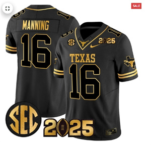 Texas Longhorns 2025 CFP Final Gold Patch Vapor Limited Custom Jersey - All Stitched  Black Gold 16 Arch Manning