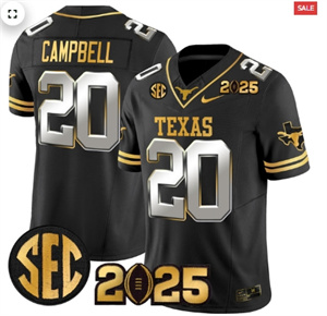 Texas Longhorns 2025 CFP Final Gold Patch Vapor Limited Custom Jersey - All Stitched  Black Limited Earl Campbell
