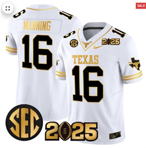 Texas Longhorns 2025 CFP Final Gold Patch Vapor Limited Custom Jersey - All Stitched White Gold Arch Manning 16
