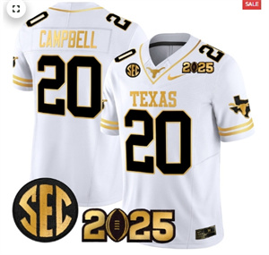 Texas Longhorns 2025 CFP Final Gold Patch Vapor Limited Custom Jersey - All Stitched White Gold Earl Campbell 20