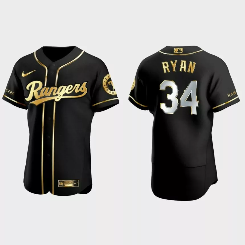 Texas Rangers #34 Nolan Ryan Golden Edition Authentic Jersey – Black
