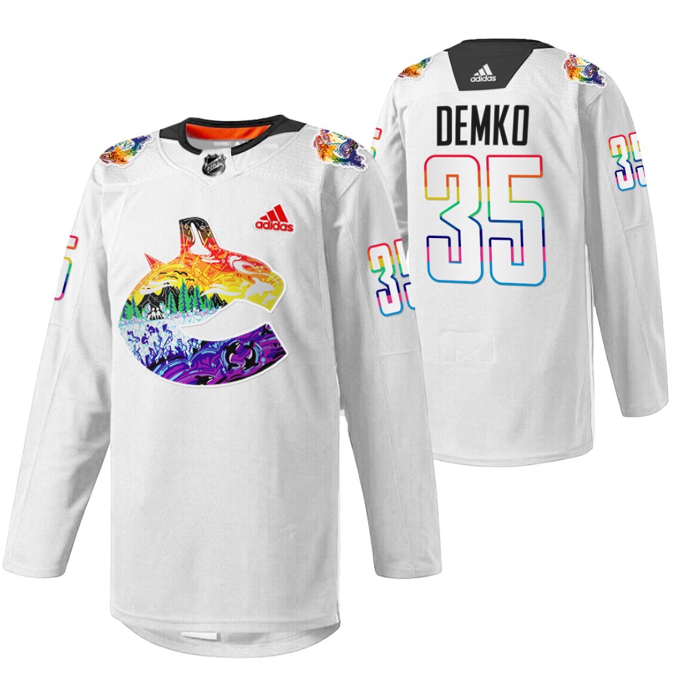 Thatcher Demko Canucks Pride Night Jersey White Mio Artwork Warmup