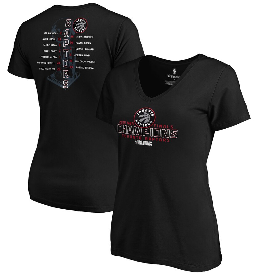 Toronto Raptors Fanatics Branded Women's 2019 NBA Finals Champions Plus Size Faces Of Victory Roster V Neck T-Shirt Black